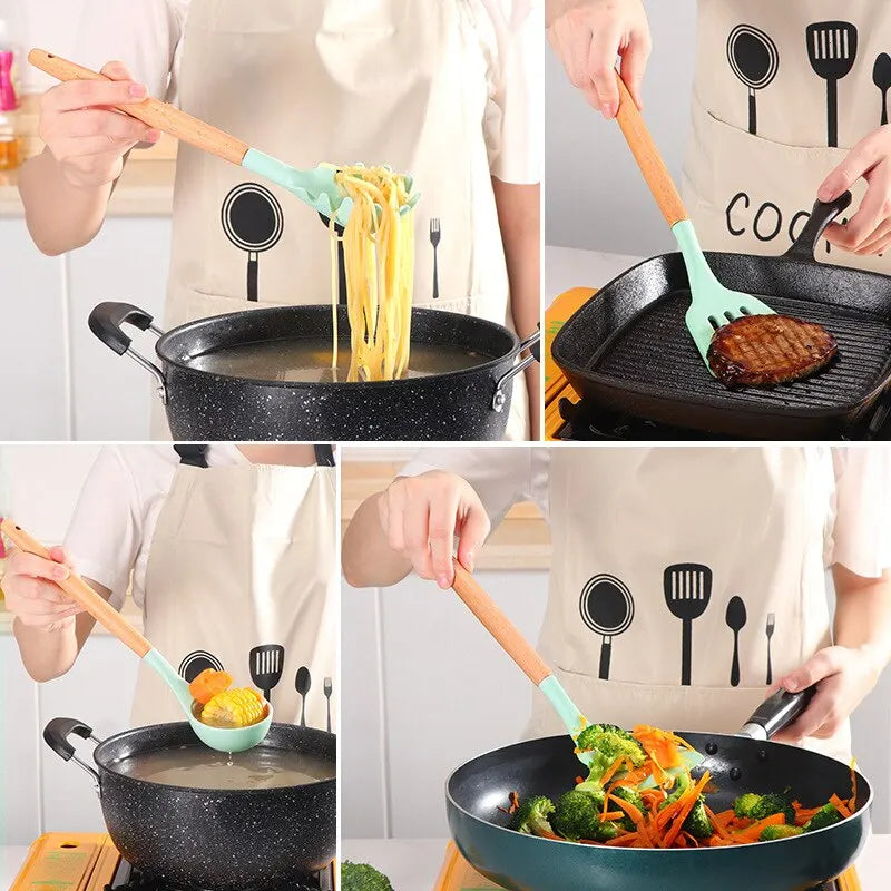 12Pcs Heat-Resistant Silicone Cooking Utensils – Wooden Handles & Storage Bucket