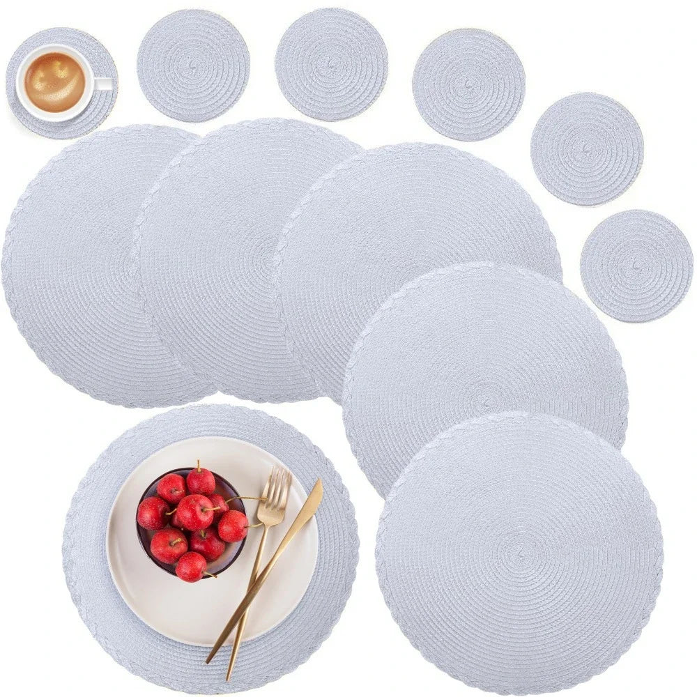 6Pcs Woven Ramie Table Mat & Coaster Set – Round Non-Slip Dining Placemats for Kitchen