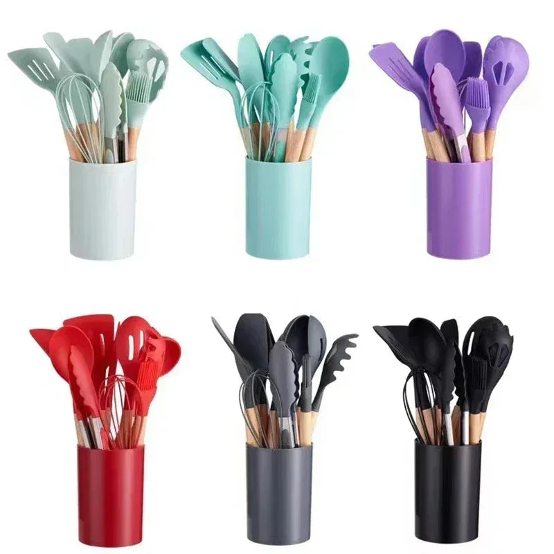 12Pcs Non-Stick Silicone Utensils Set – Wooden Handle Kitchen Cooking Tools & Spatulas