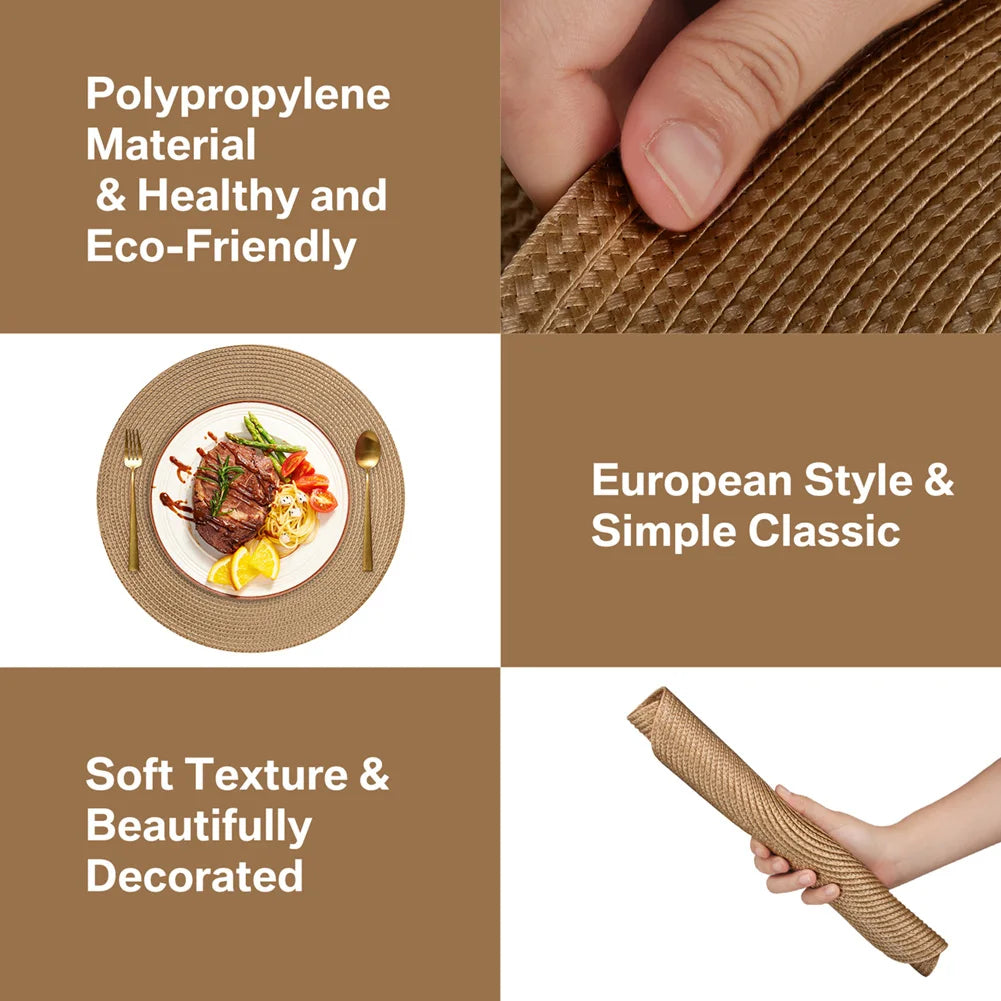 6Pcs Woven Ramie Table Mat & Coaster Set – Round Non-Slip Dining Placemats for Kitchen