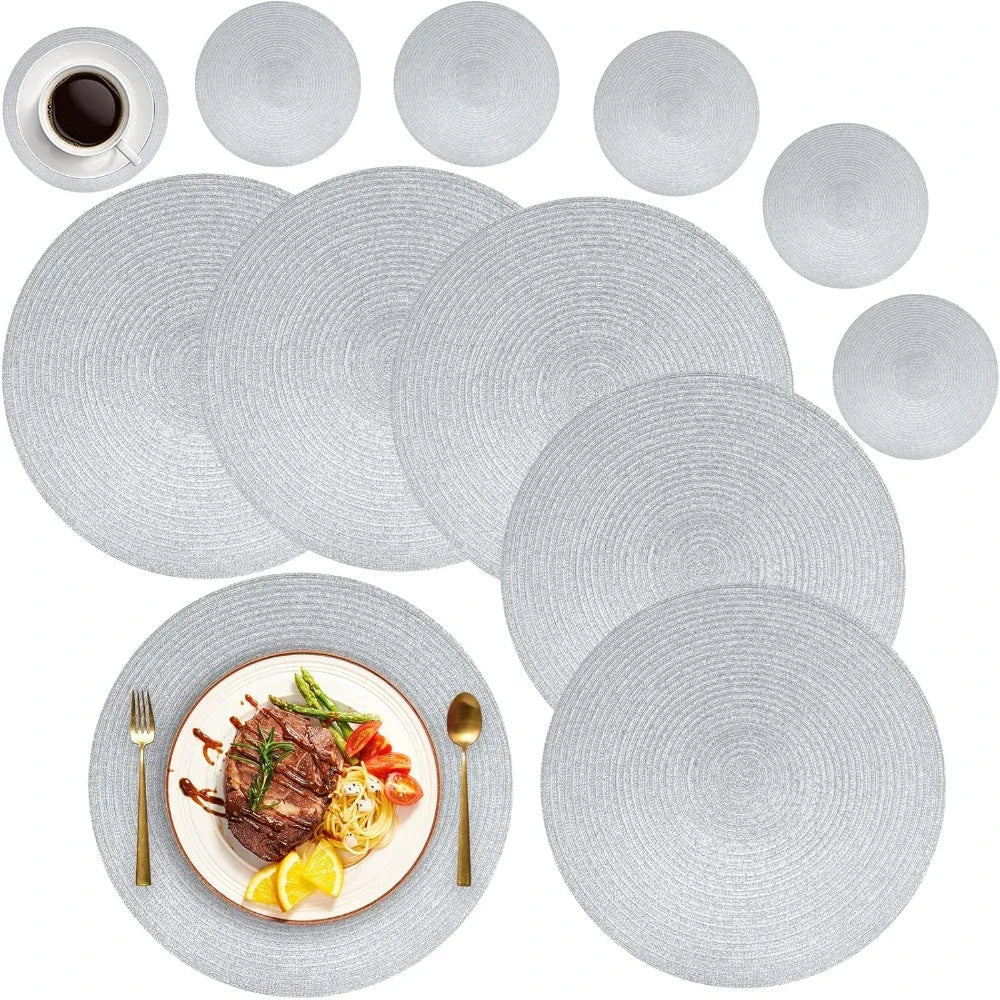 6Pcs Woven Ramie Table Mat & Coaster Set – Round Non-Slip Dining Placemats for Kitchen