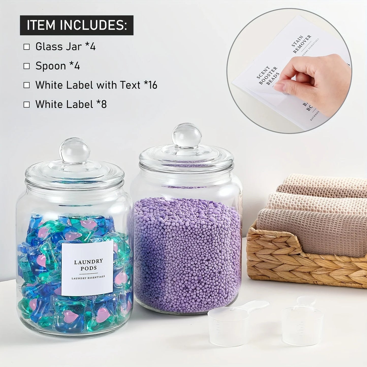 Large Glass Jar with Lid and Label – Airtight Laundry Storage Container with Spoon (Half Gallon)