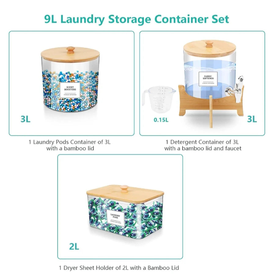 3-Piece Laundry Organizer Set – Liquid Detergent Dispenser, Pods & Dryer Sheet Containers