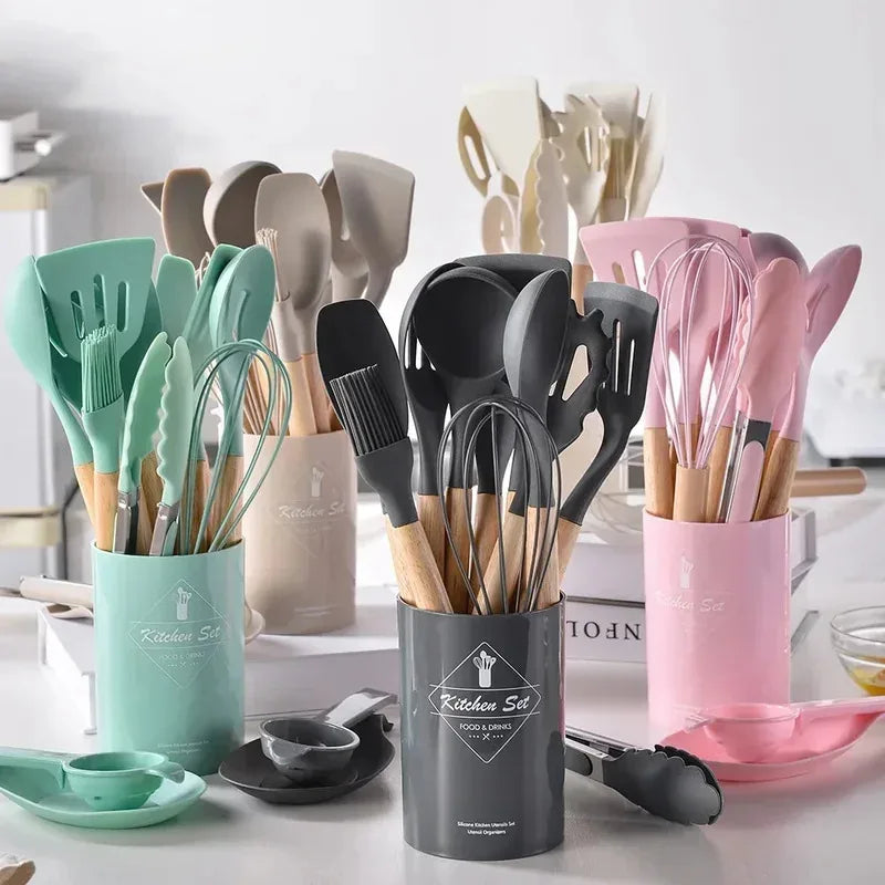 12Pcs Non-Stick Silicone Utensils Set – Wooden Handle Kitchen Cooking Tools & Spatulas