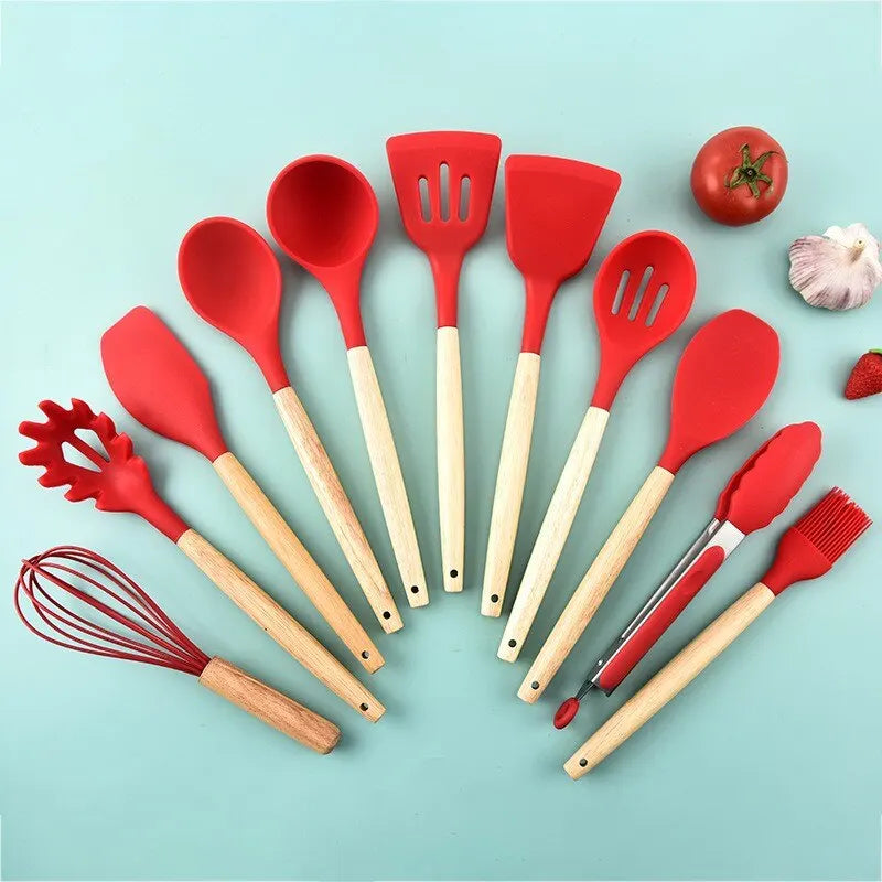 12Pcs Heat-Resistant Silicone Cooking Utensils – Wooden Handles & Storage Bucket