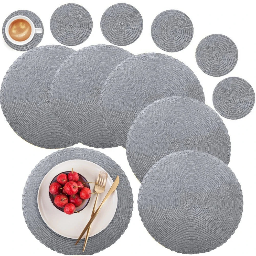 6Pcs Woven Ramie Table Mat & Coaster Set – Round Non-Slip Dining Placemats for Kitchen