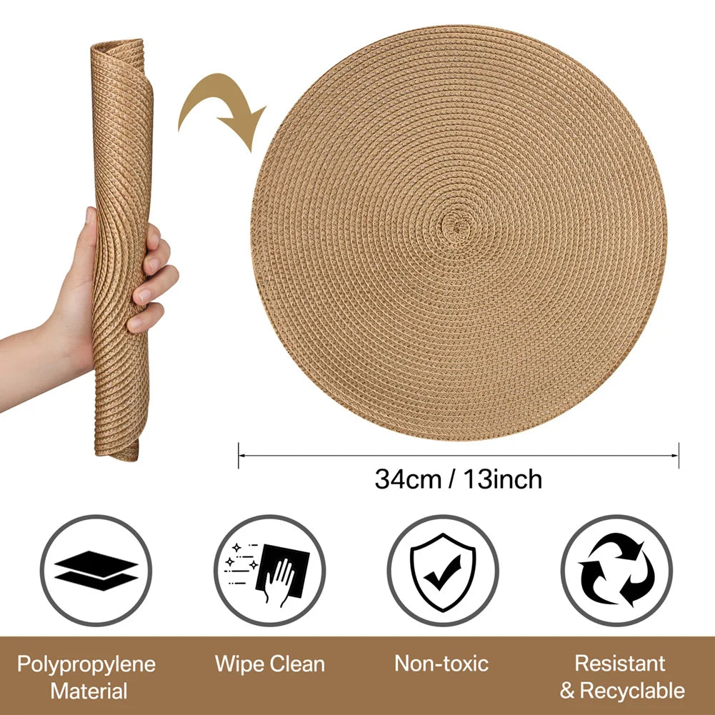 6Pcs Woven Ramie Table Mat & Coaster Set – Round Non-Slip Dining Placemats for Kitchen