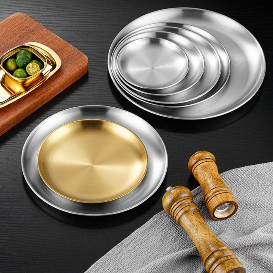 Round Stainless Steel BBQ Plate – Korean Style Dining Tray for Steak & Barbecue