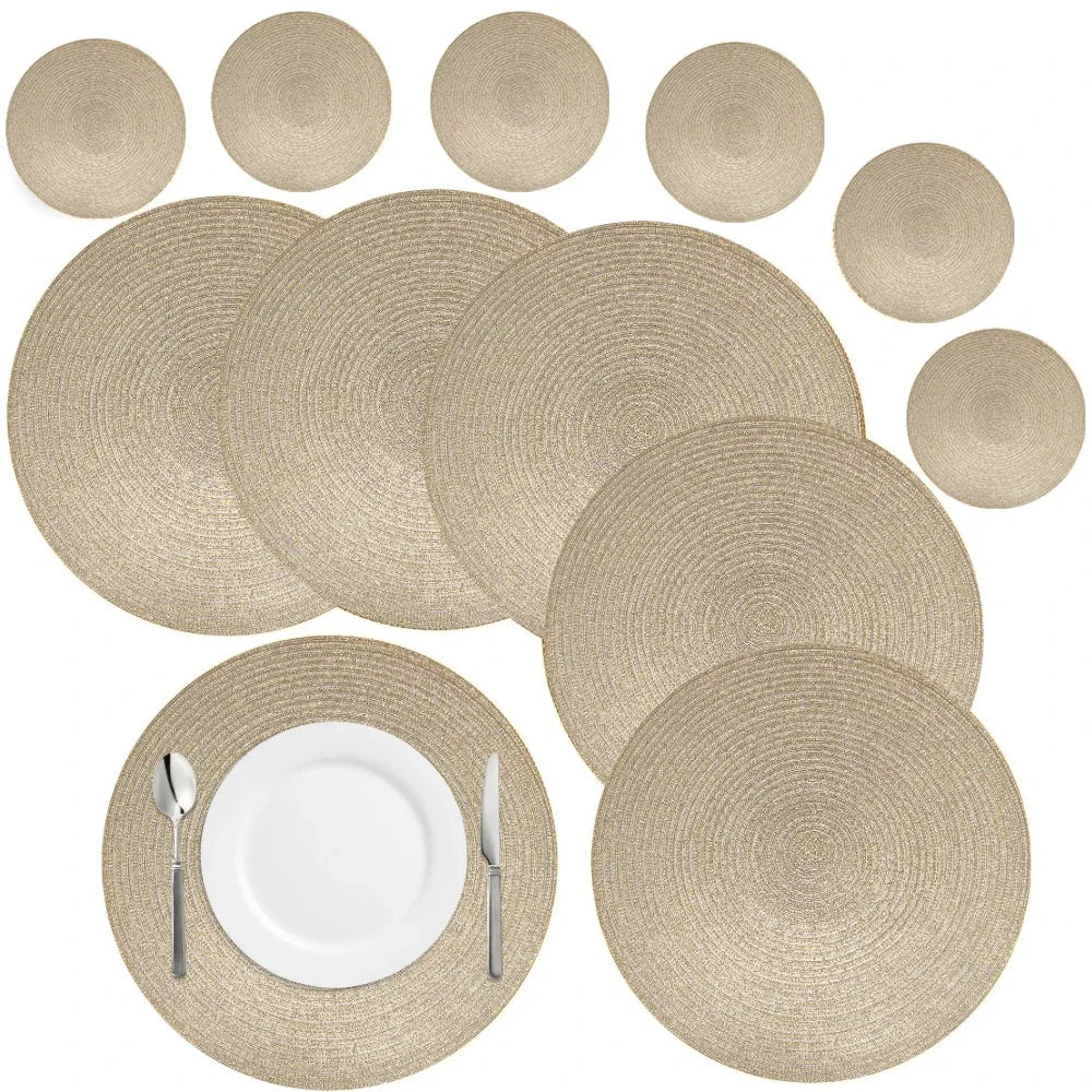 6Pcs Woven Ramie Table Mat & Coaster Set – Round Non-Slip Dining Placemats for Kitchen