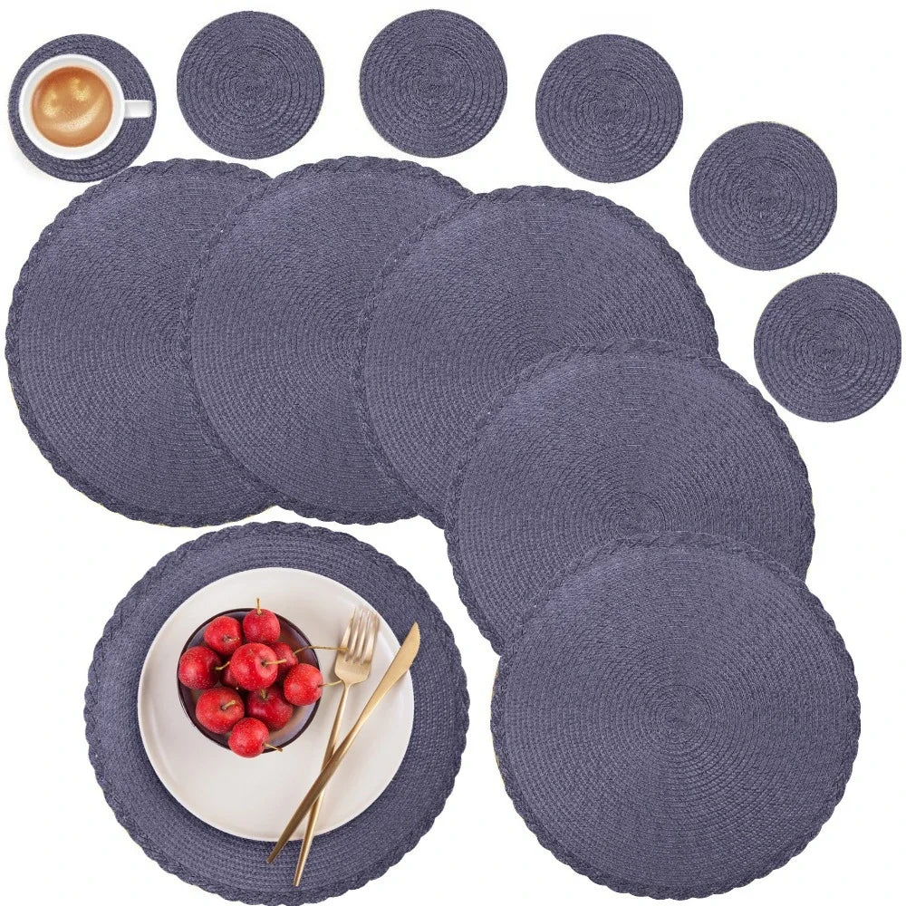 6Pcs Woven Ramie Table Mat & Coaster Set – Round Non-Slip Dining Placemats for Kitchen