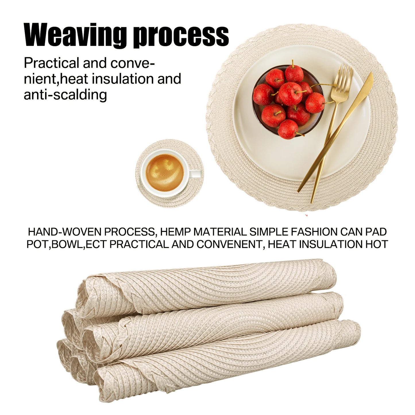 6Pcs Woven Ramie Table Mat & Coaster Set – Round Non-Slip Dining Placemats for Kitchen