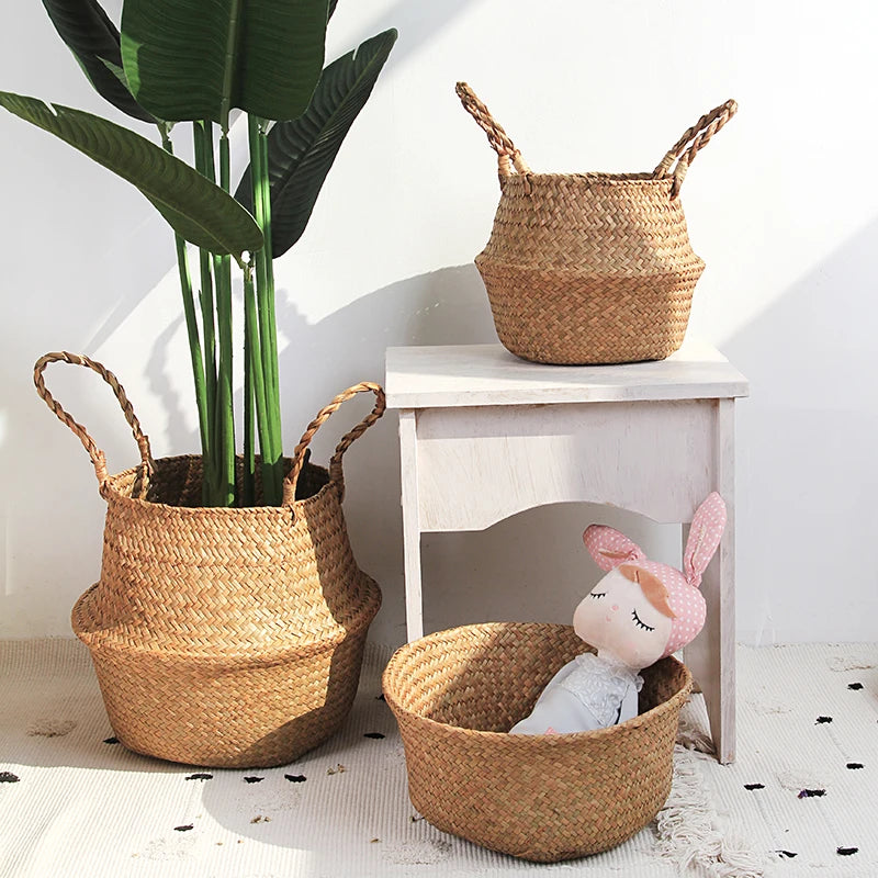Seagrass Plant Basket – Folding Straw Wicker Storage for Laundry, Garden & Home Decor