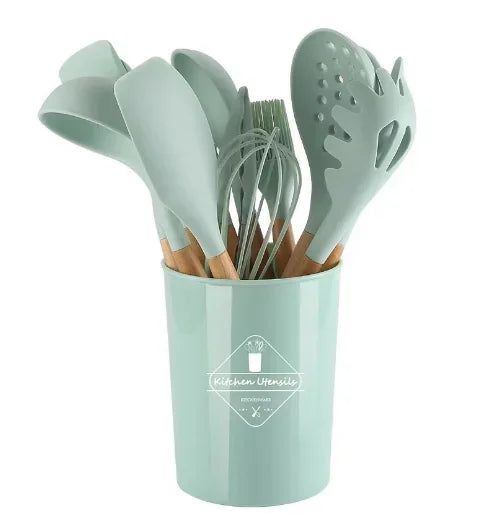 12Pcs Non-Stick Silicone Utensils Set – Wooden Handle Kitchen Cooking Tools & Spatulas