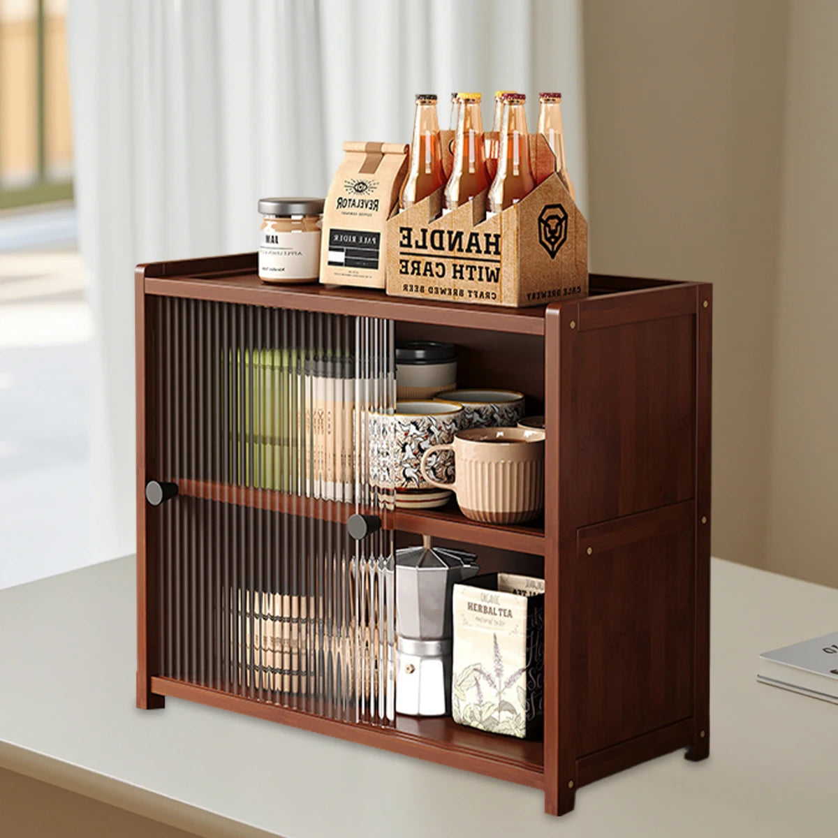 Bamboo Kitchen Storage Cabinet – 1/2/3 Tier Sideboard with Acrylic Doors (Walnut)