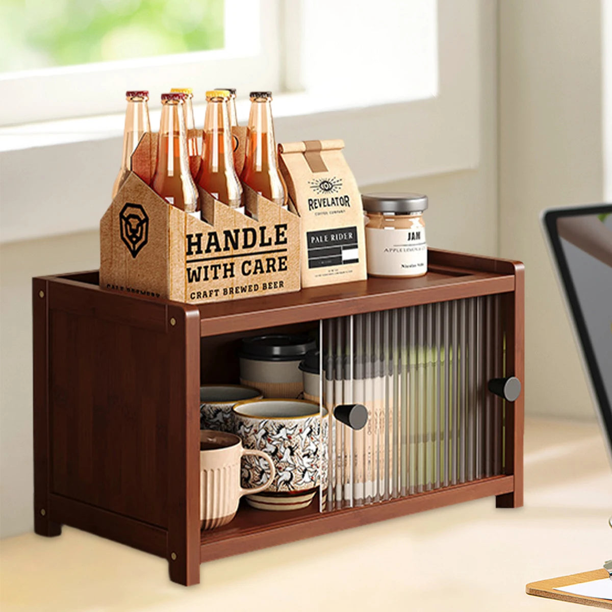 Bamboo Kitchen Storage Cabinet – 1/2/3 Tier Sideboard with Acrylic Doors (Walnut)