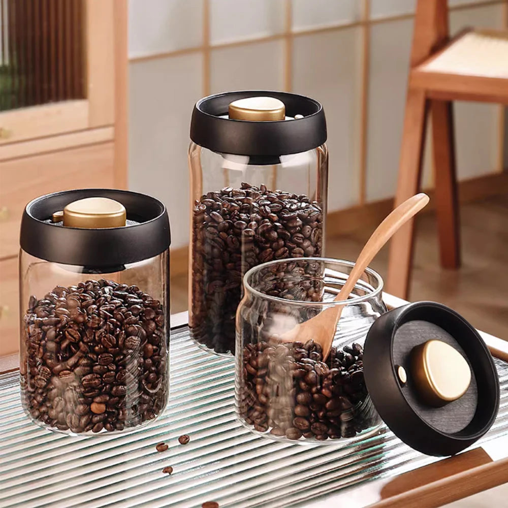Vacuum Sealed Glass Jar for Coffee Beans, Tea, Food & Grains – Airtight Storage Container