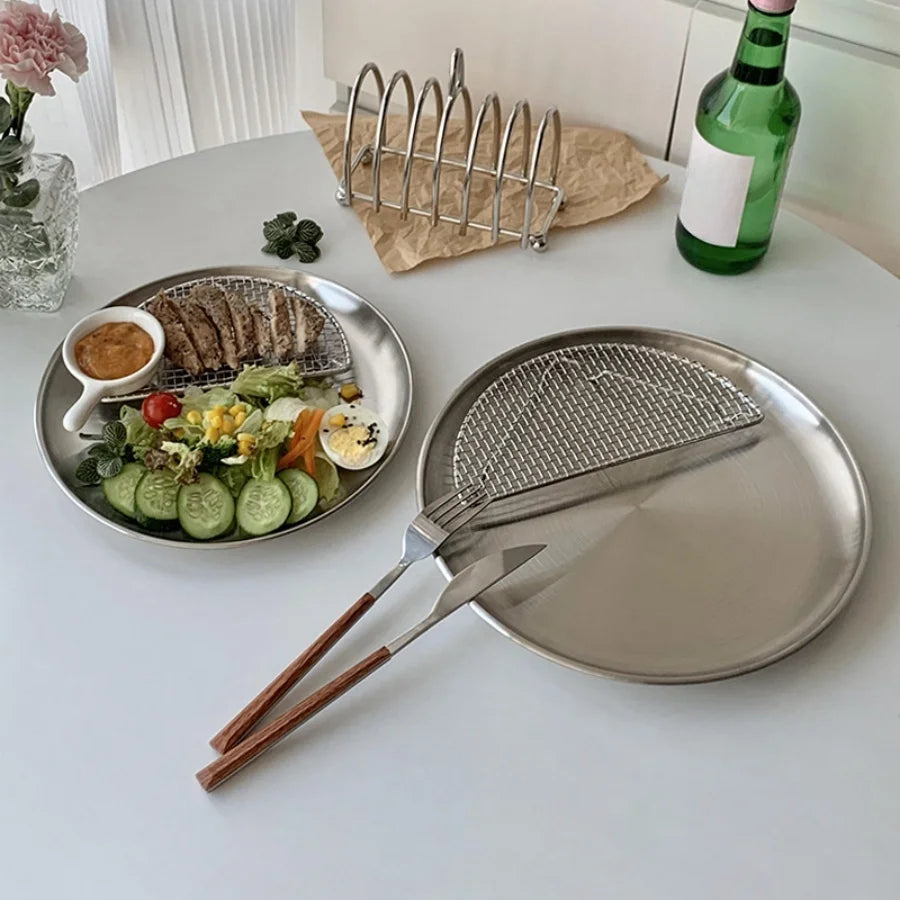 Round Stainless Steel BBQ Plate – Korean Style Dining Tray for Steak & Barbecue