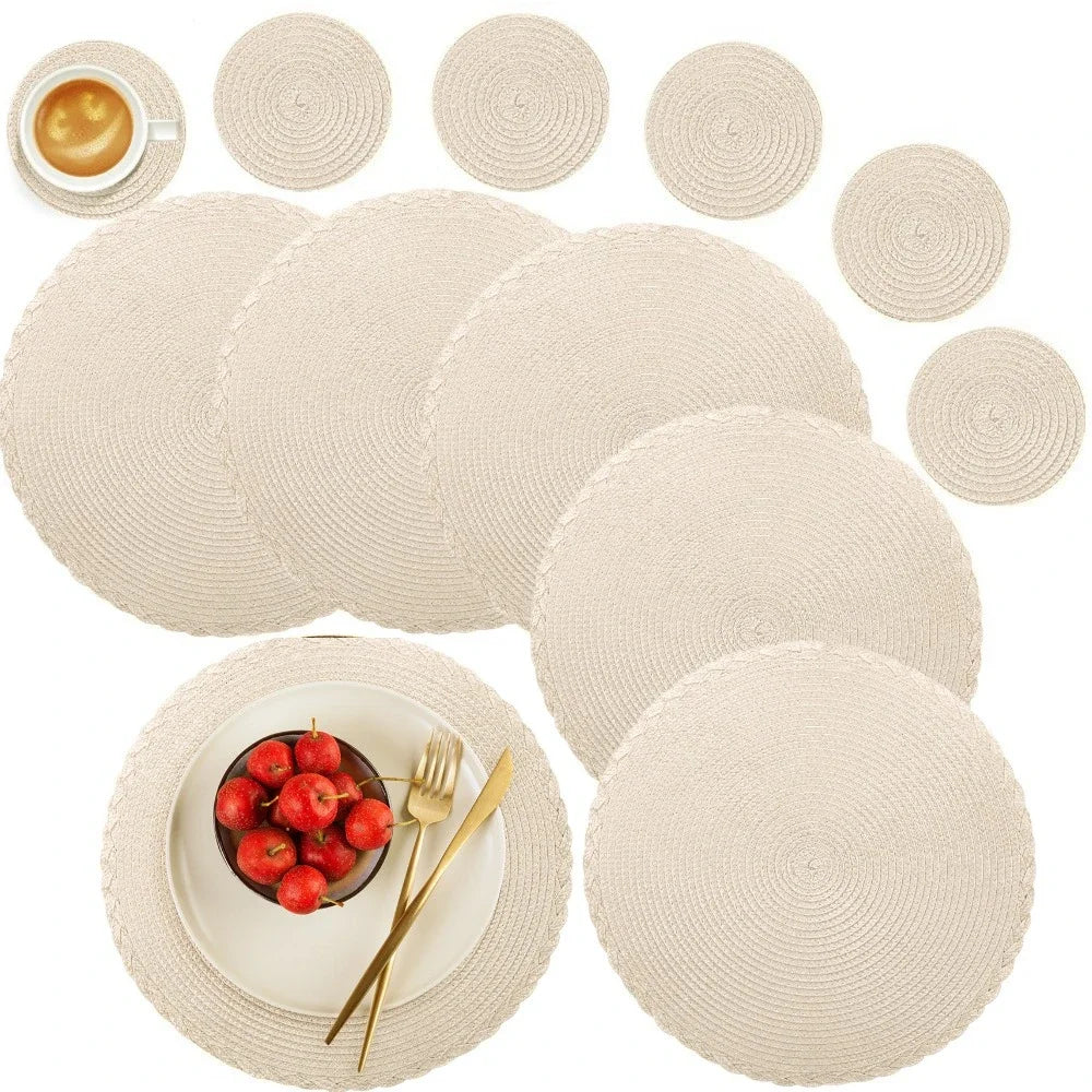 6Pcs Woven Ramie Table Mat & Coaster Set – Round Non-Slip Dining Placemats for Kitchen