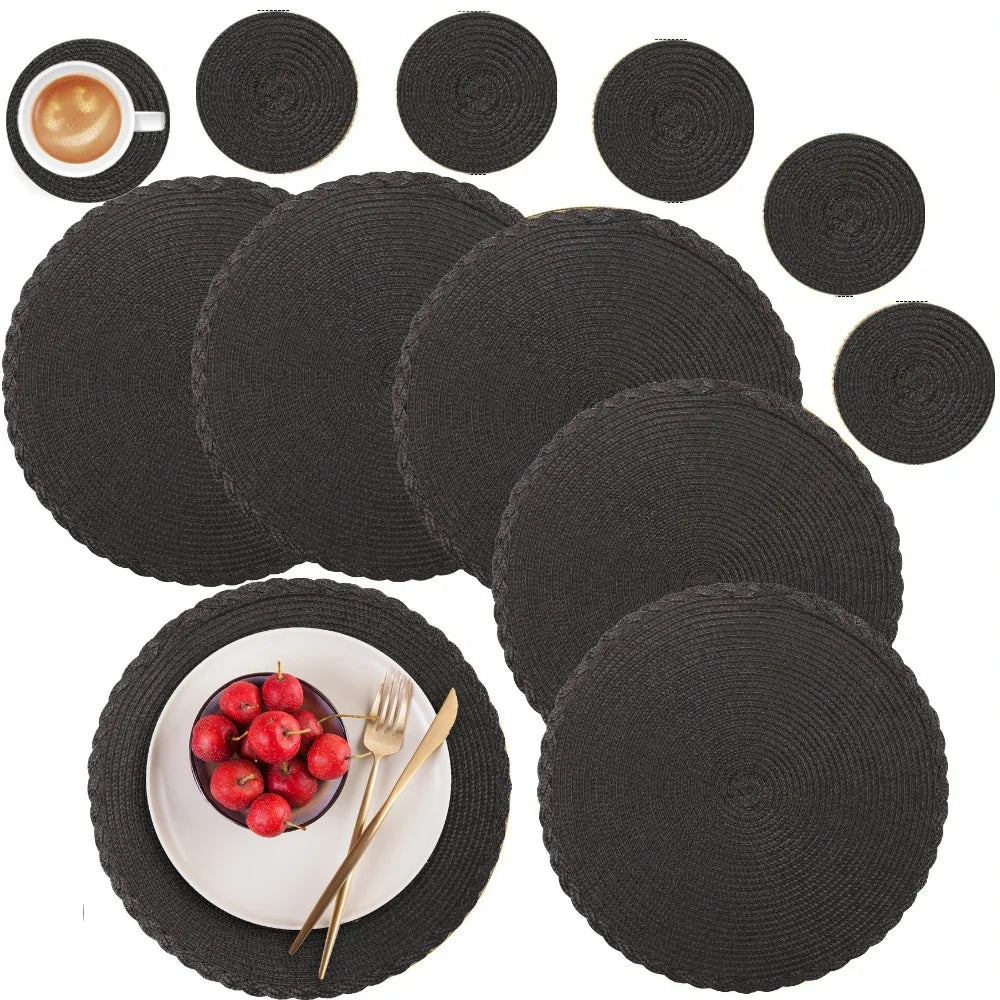 6Pcs Woven Ramie Table Mat & Coaster Set – Round Non-Slip Dining Placemats for Kitchen