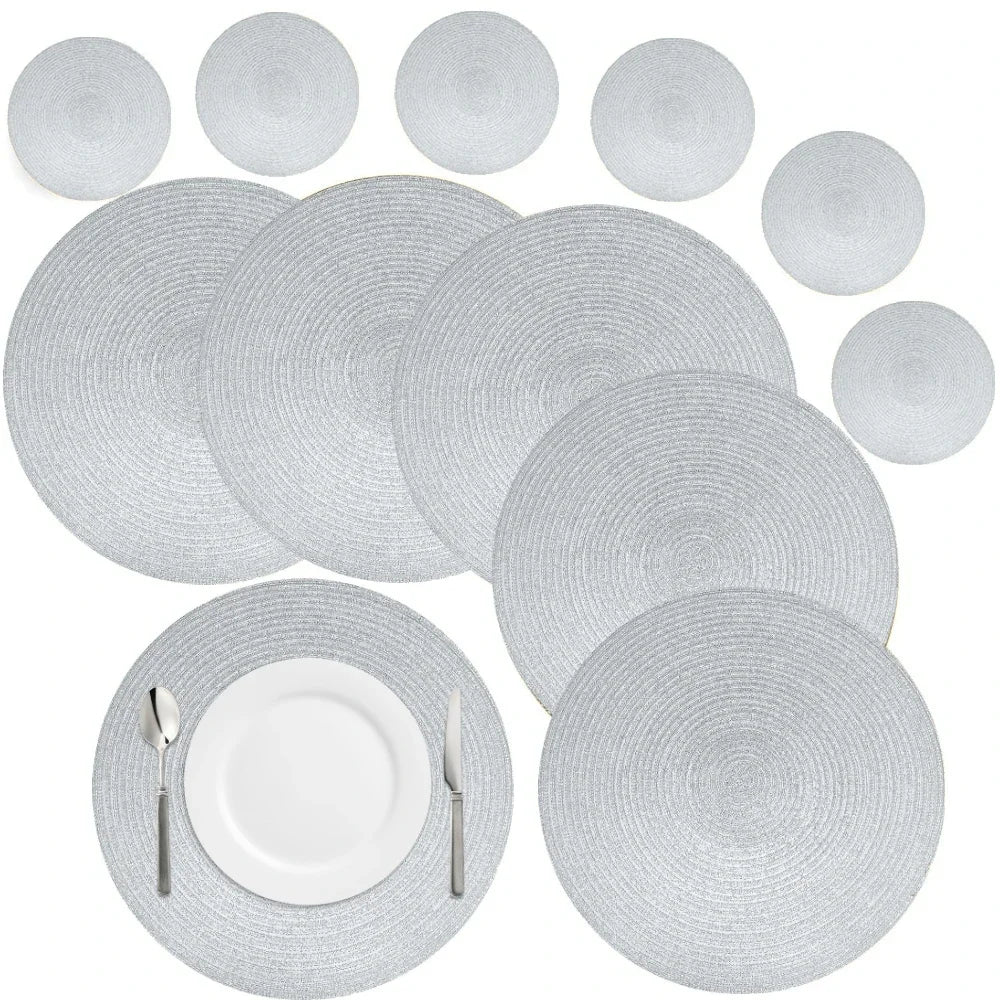 6Pcs Woven Ramie Table Mat & Coaster Set – Round Non-Slip Dining Placemats for Kitchen