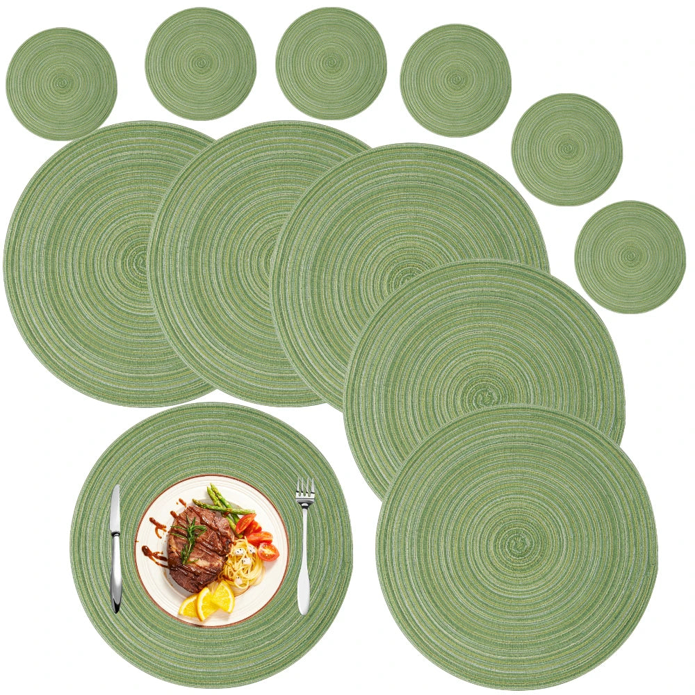 6Pcs Woven Ramie Table Mat & Coaster Set – Round Non-Slip Dining Placemats for Kitchen
