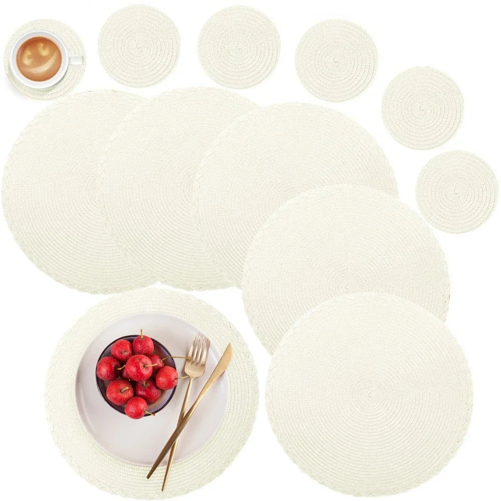 6Pcs Woven Ramie Table Mat & Coaster Set – Round Non-Slip Dining Placemats for Kitchen