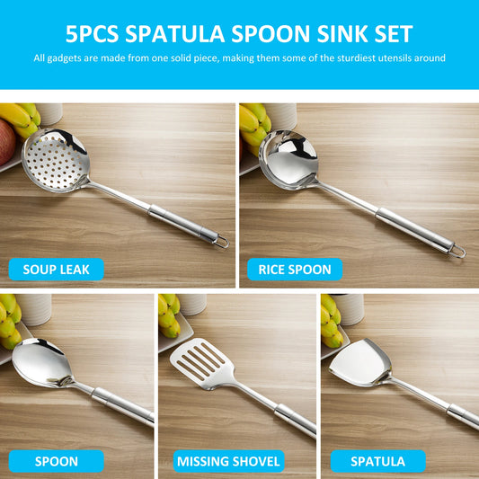 5Pcs Stainless Steel Cooking Utensils Set – Heavy-Duty Spoons & Spatula with Ergonomic Handle