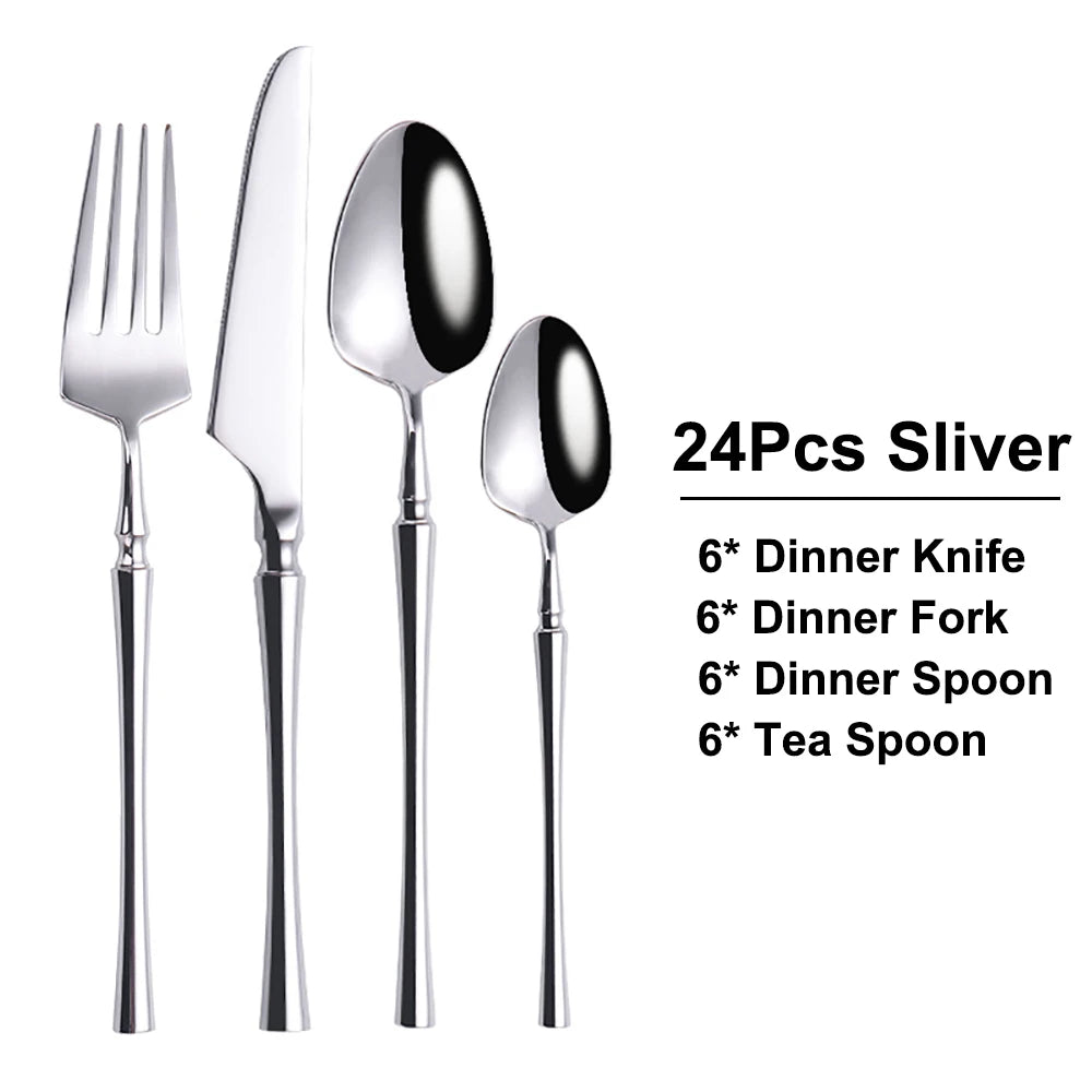Stainless Steel Tableware Set – 6/24/30 Pcs Silver Dinner Flatware for Western Dining
