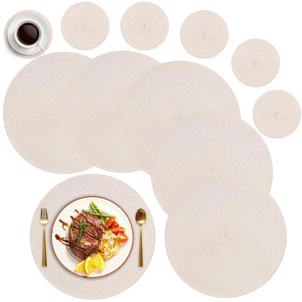 6Pcs Woven Ramie Table Mat & Coaster Set – Round Non-Slip Dining Placemats for Kitchen