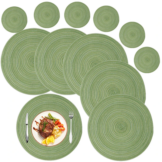 6Pcs Woven Ramie Table Mat & Coaster Set – Round Non-Slip Dining Placemats for Kitchen