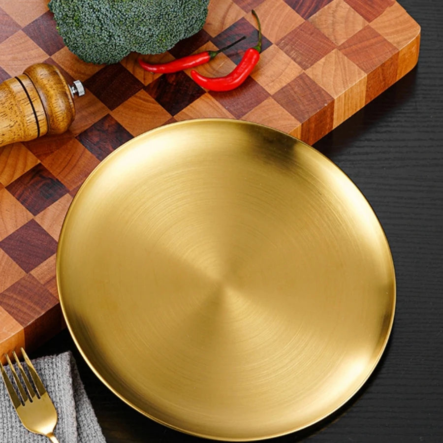 Round Stainless Steel BBQ Plate – Korean Style Dining Tray for Steak & Barbecue