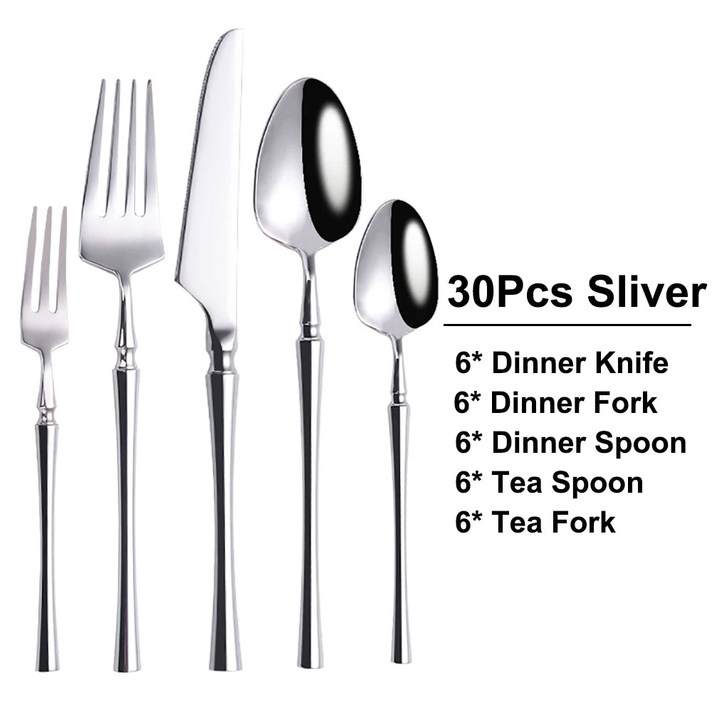 Stainless Steel Tableware Set – 6/24/30 Pcs Silver Dinner Flatware for Western Dining