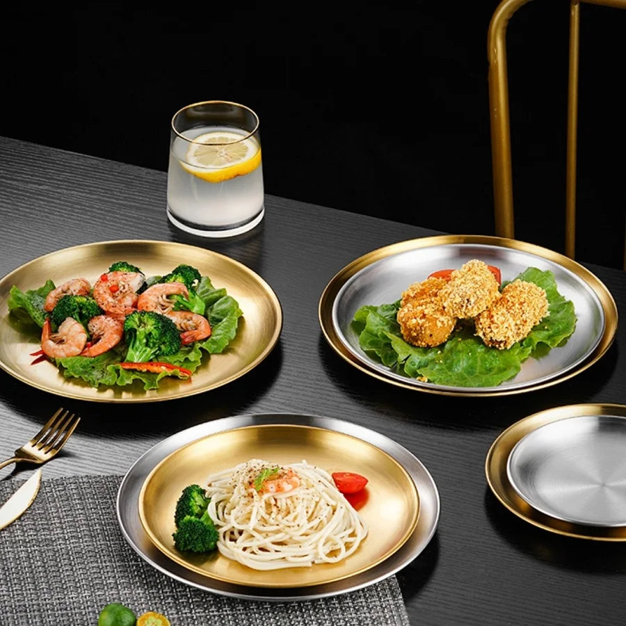 Round Stainless Steel BBQ Plate – Korean Style Dining Tray for Steak & Barbecue