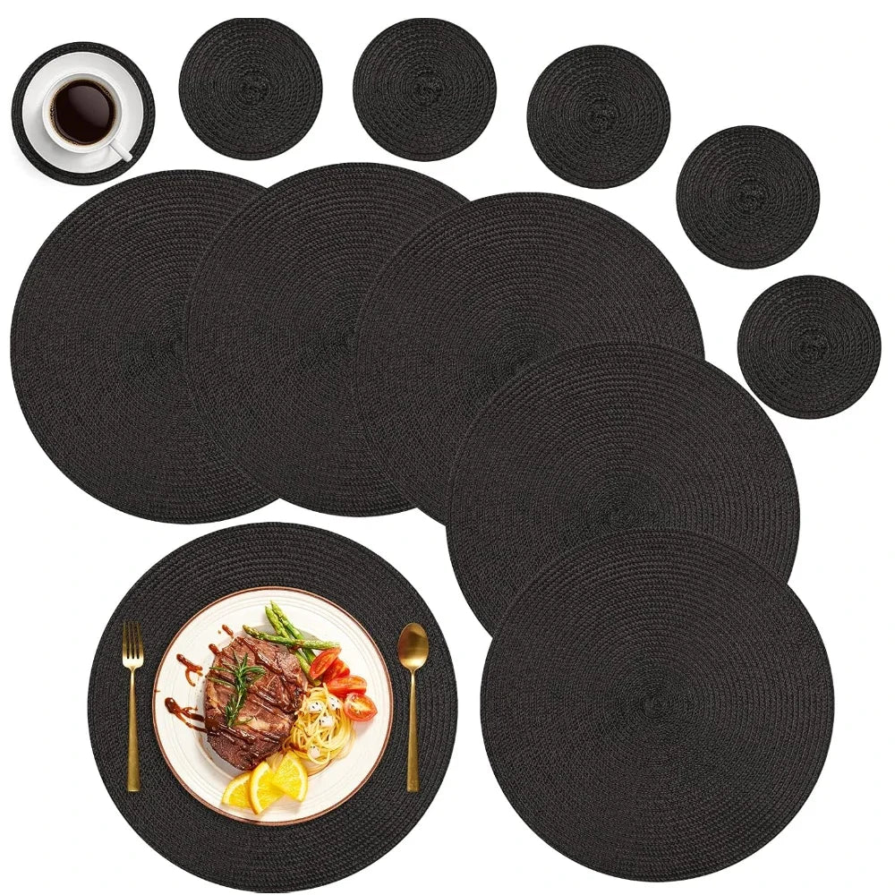 6Pcs Woven Ramie Table Mat & Coaster Set – Round Non-Slip Dining Placemats for Kitchen