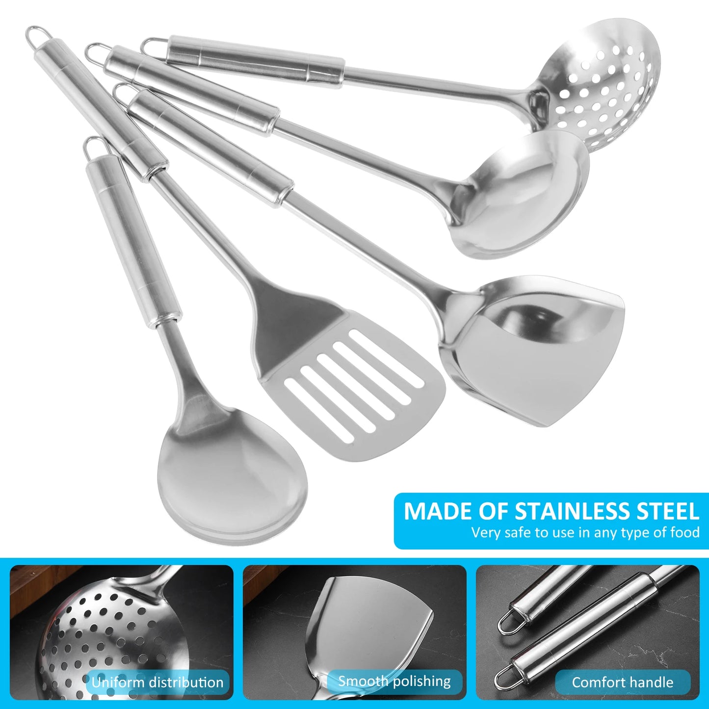 5Pcs Stainless Steel Cooking Utensils Set – Heavy-Duty Spoons & Spatula with Ergonomic Handle
