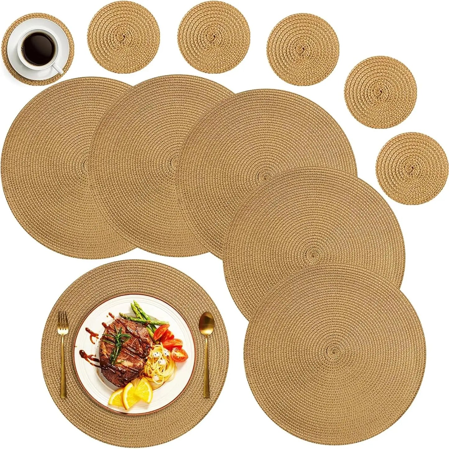 6Pcs Woven Ramie Table Mat & Coaster Set – Round Non-Slip Dining Placemats for Kitchen