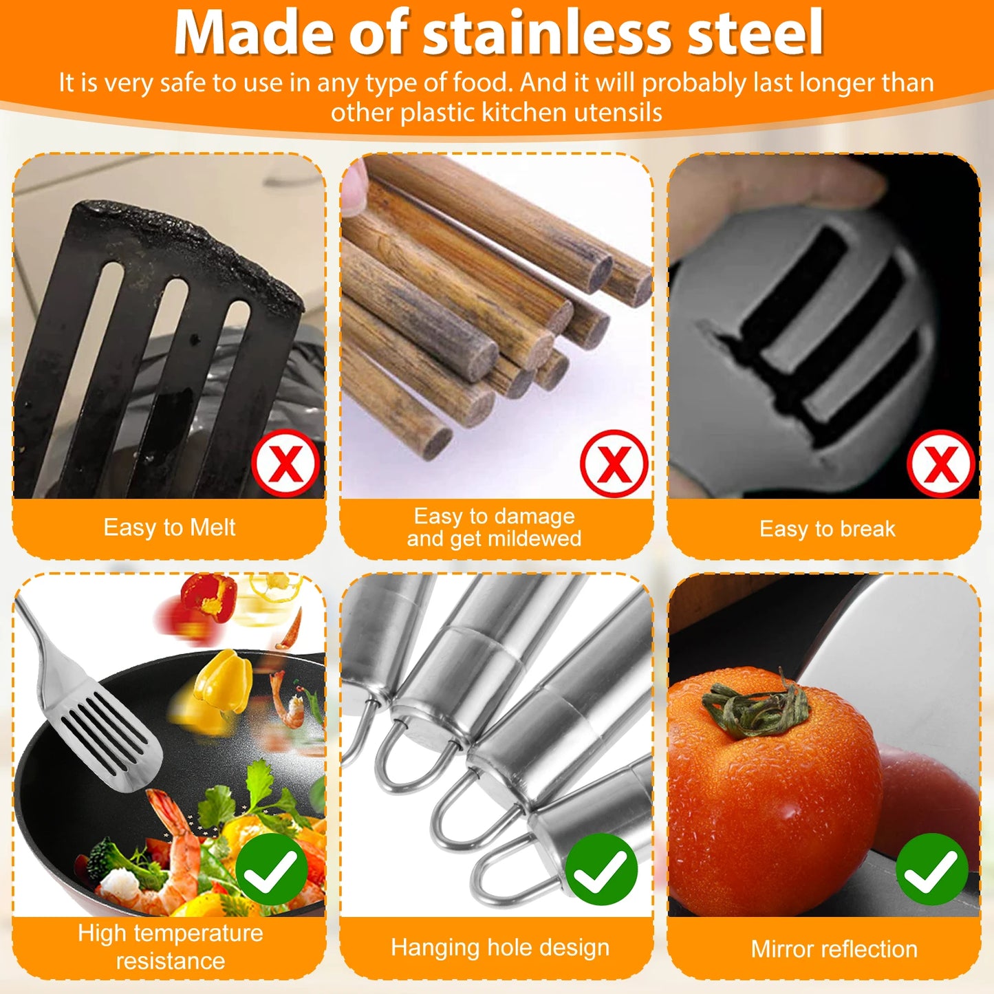 5Pcs Stainless Steel Cooking Utensils Set – Heavy-Duty Spoons & Spatula with Ergonomic Handle