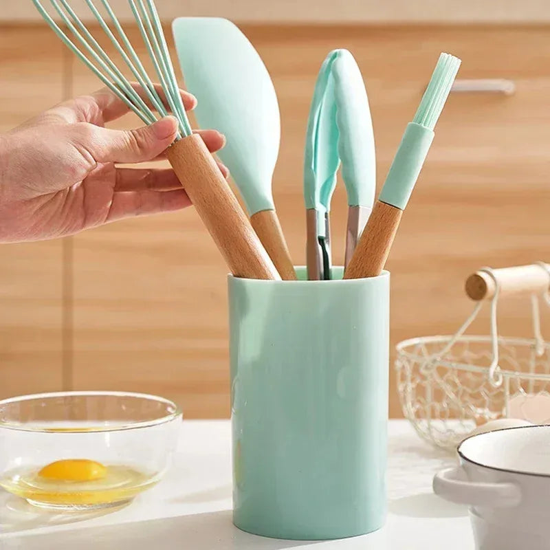 12Pcs Non-Stick Silicone Utensils Set – Wooden Handle Kitchen Cooking Tools & Spatulas