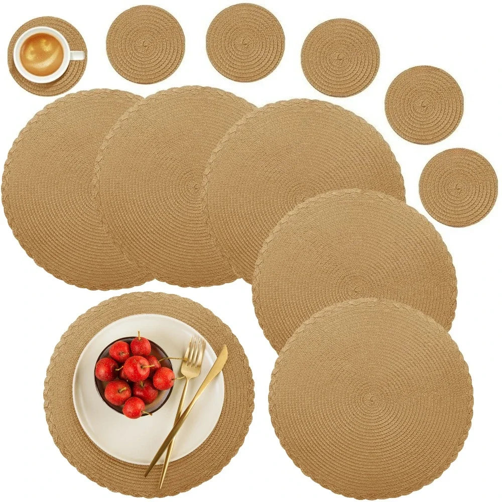 6Pcs Woven Ramie Table Mat & Coaster Set – Round Non-Slip Dining Placemats for Kitchen