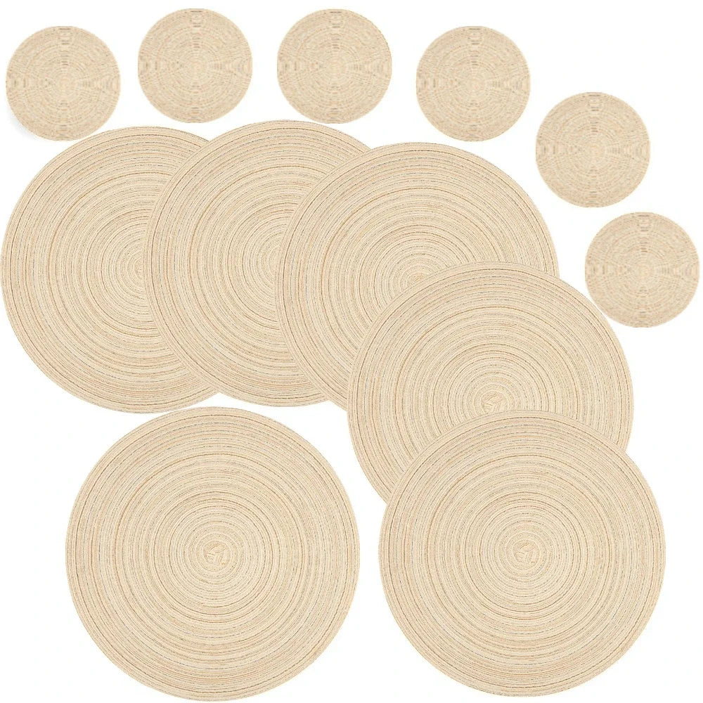 6Pcs Woven Ramie Table Mat & Coaster Set – Round Non-Slip Dining Placemats for Kitchen