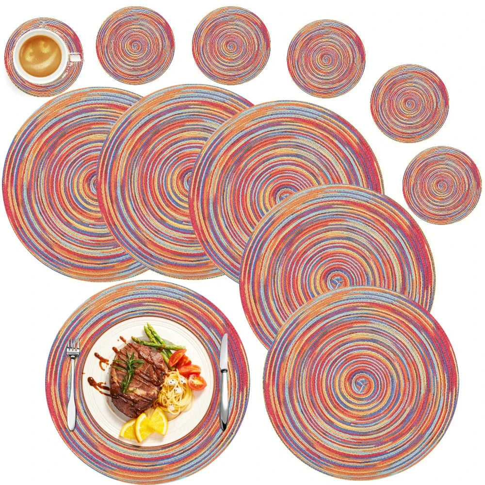 6Pcs Woven Ramie Table Mat & Coaster Set – Round Non-Slip Dining Placemats for Kitchen