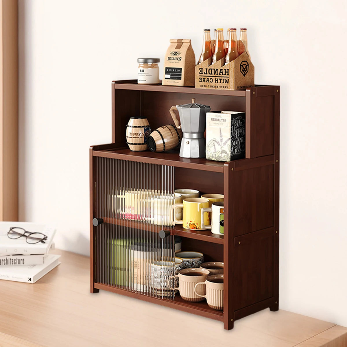 Bamboo Kitchen Storage Cabinet – 1/2/3 Tier Sideboard with Acrylic Doors (Walnut)