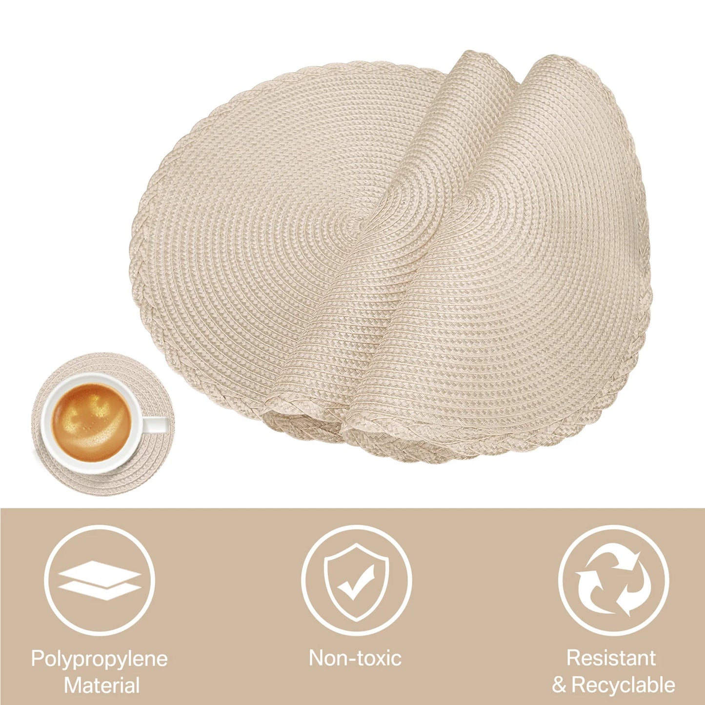 6Pcs Woven Ramie Table Mat & Coaster Set – Round Non-Slip Dining Placemats for Kitchen