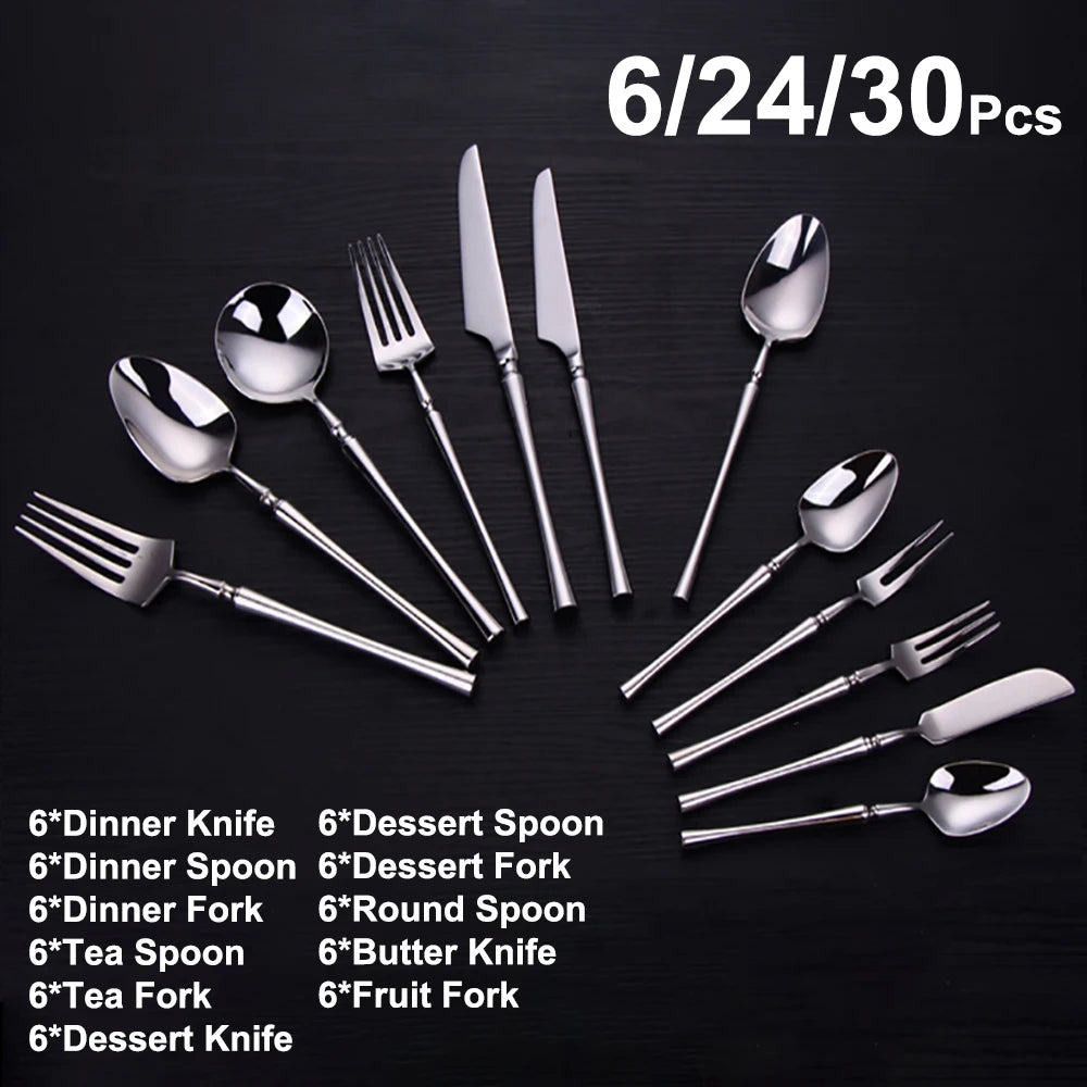 Stainless Steel Tableware Set – 6/24/30 Pcs Silver Dinner Flatware for Western Dining