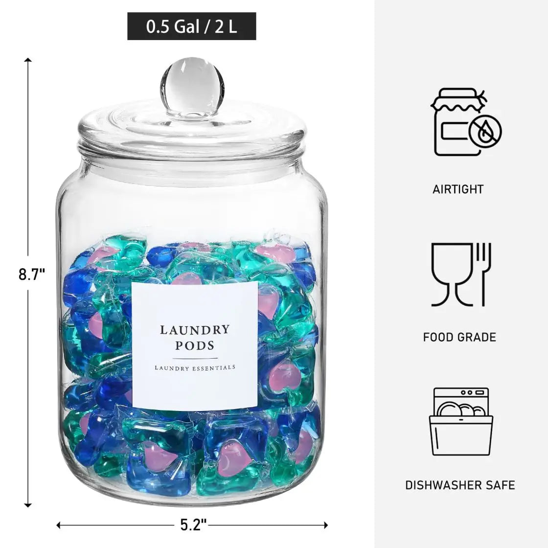 Large Glass Jar with Lid and Label – Airtight Laundry Storage Container with Spoon (Half Gallon)