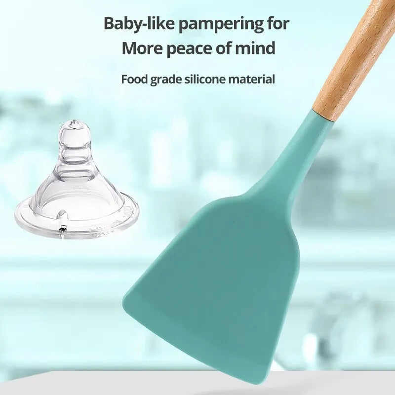 12Pcs Heat-Resistant Silicone Cooking Utensils – Wooden Handles & Storage Bucket