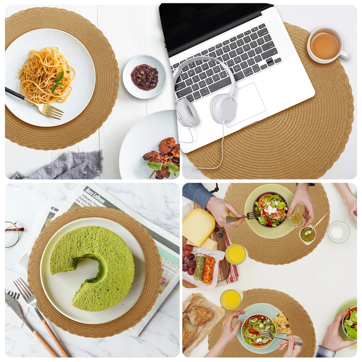 6Pcs Woven Ramie Table Mat & Coaster Set – Round Non-Slip Dining Placemats for Kitchen