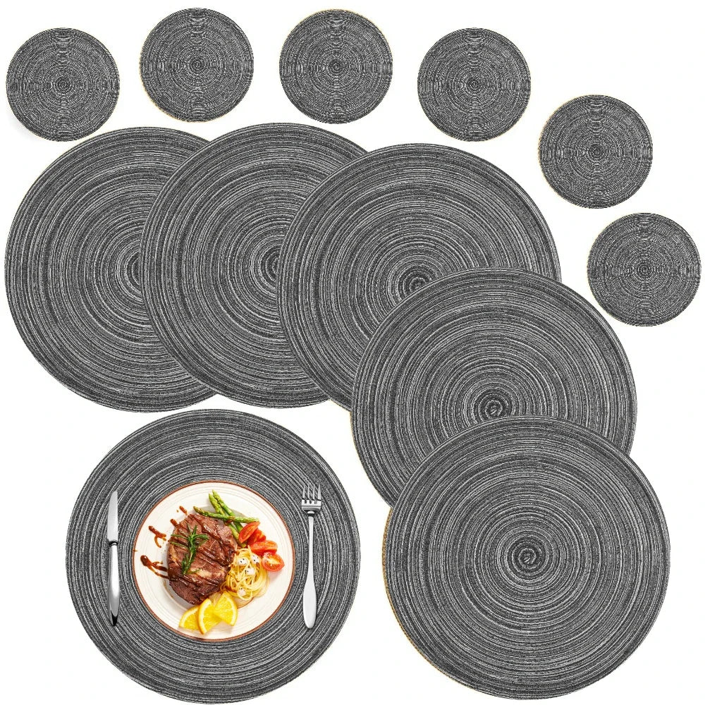 6Pcs Woven Ramie Table Mat & Coaster Set – Round Non-Slip Dining Placemats for Kitchen